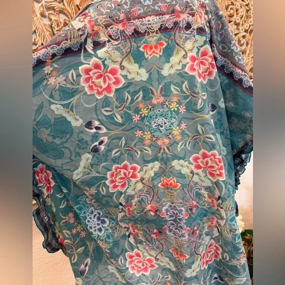 Johnny Was Teal Blue Floral & Birds Lightweight Cotton Ruffle Trim Cover-Up - Picture 5 of 12